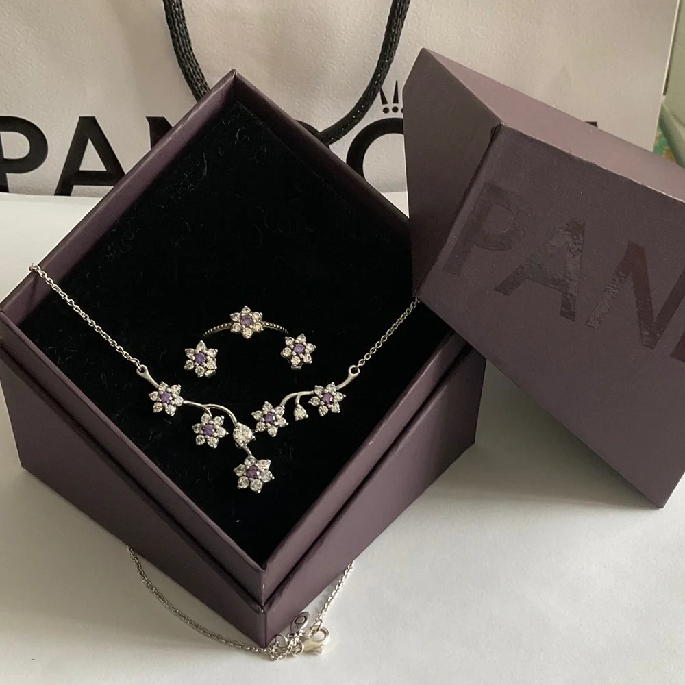 Pandora Silver Necklace with Purple Floral Accents - Picture 1 of 6